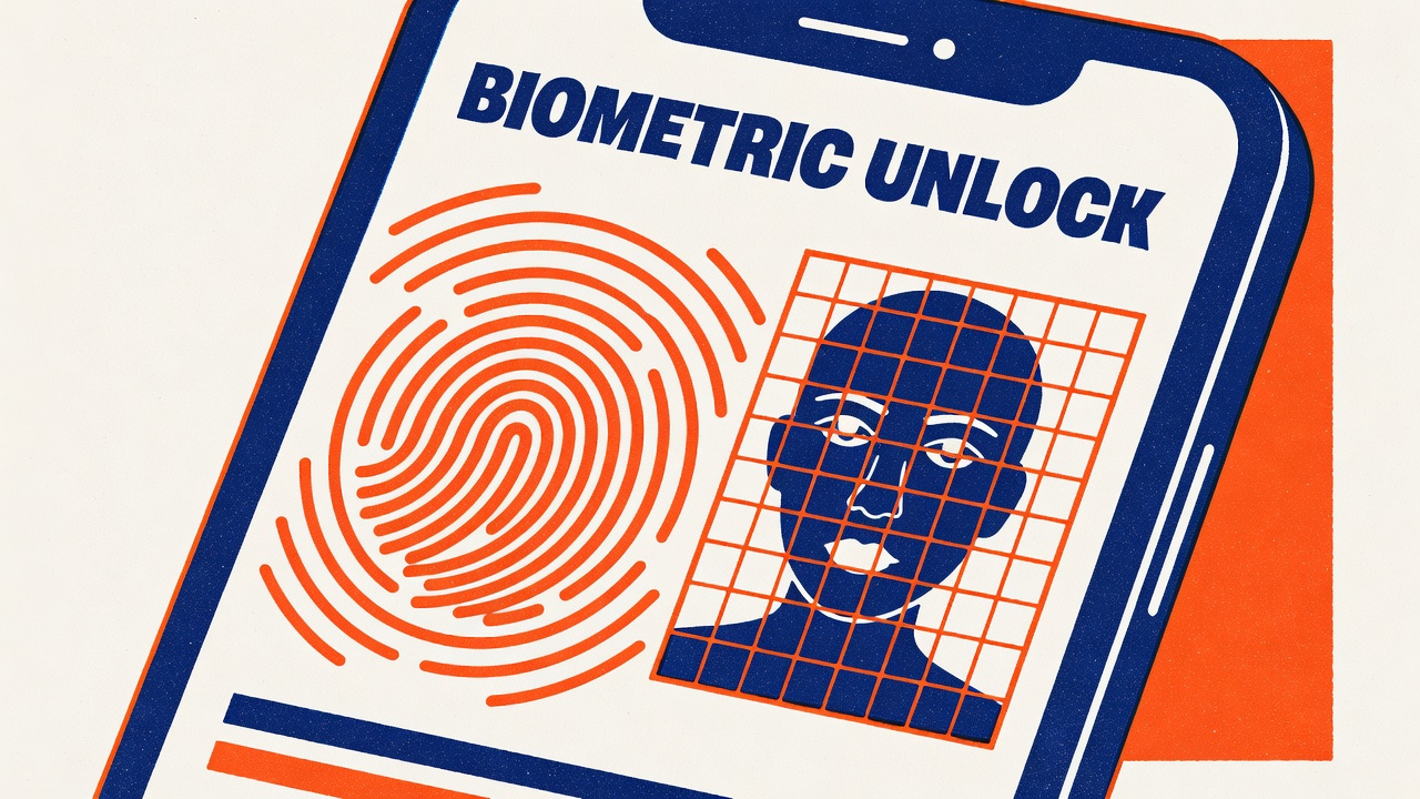 smartphone screen showing biometric unlock options with fingerprint scanning animation and face recognition display