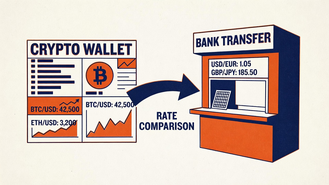 cryptocurrency wallet interface beside traditional bank transfer window with rate comparison