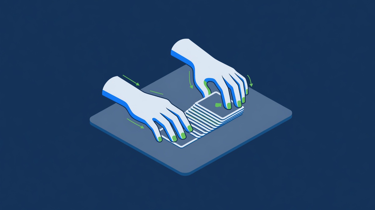 dealer's hands positioned on felt surface showing proper card handling technique and positioning angles