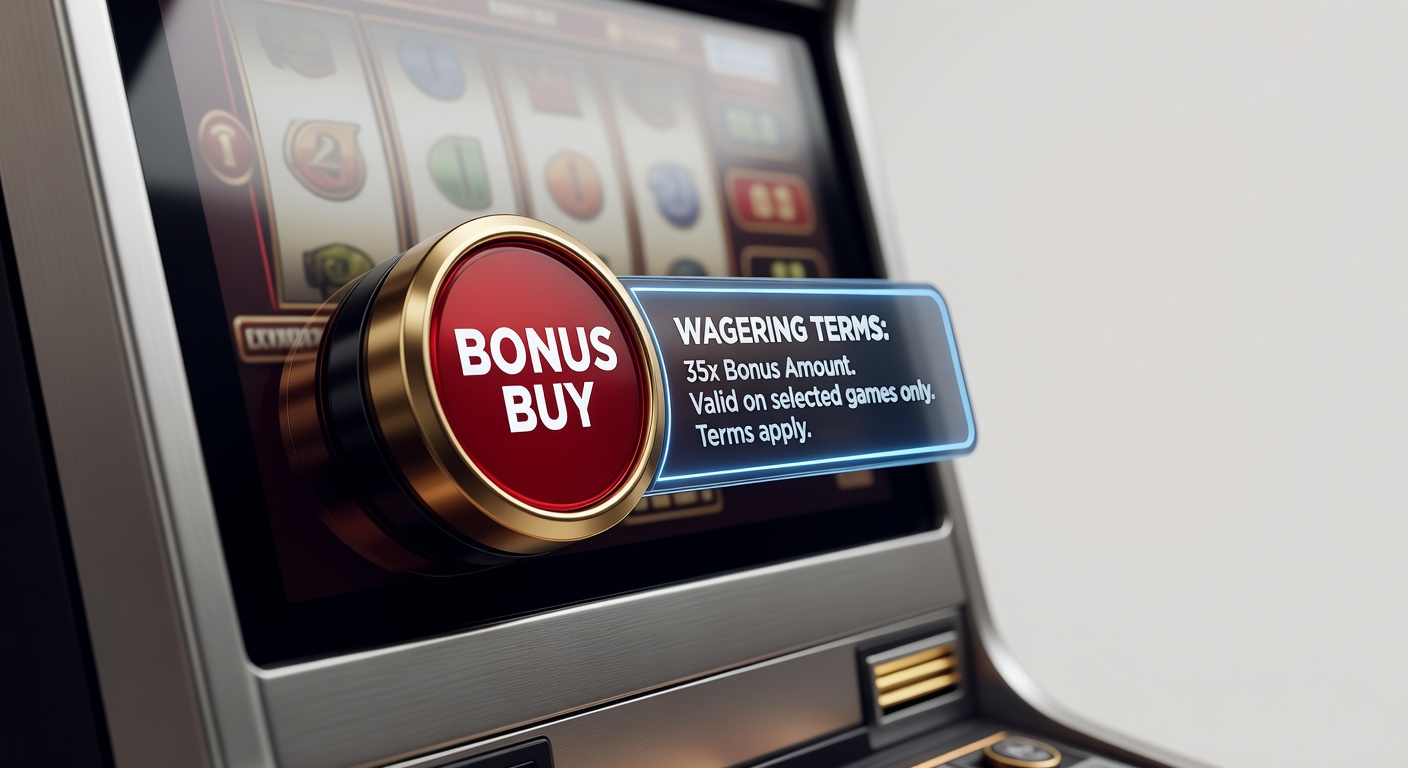a bonus buy button on a slot machine interface with a wagering terms panel open beside it