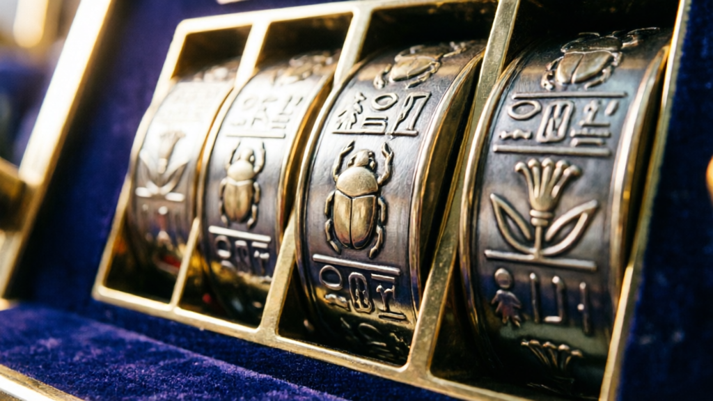 close-up of spinning reels on an Egyptian-themed slot cabinet