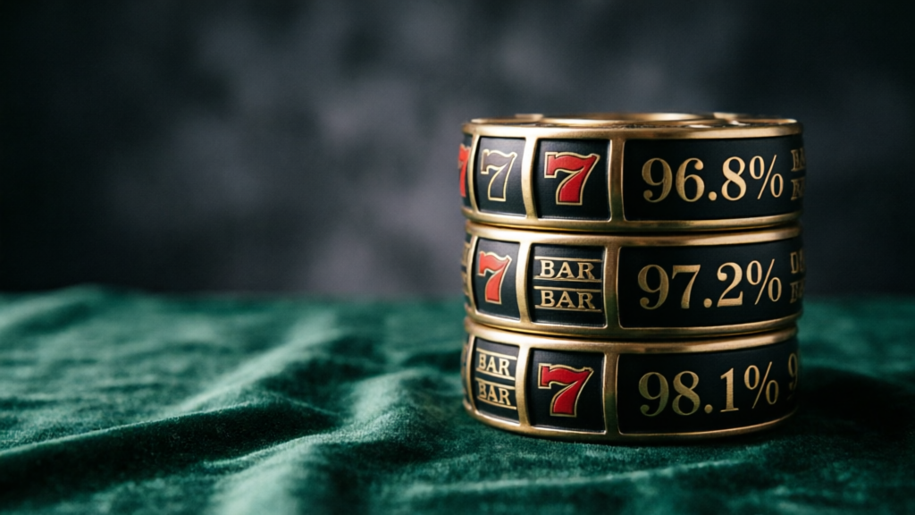 stacked casino reels showing high RTP numbers on a dark felt table