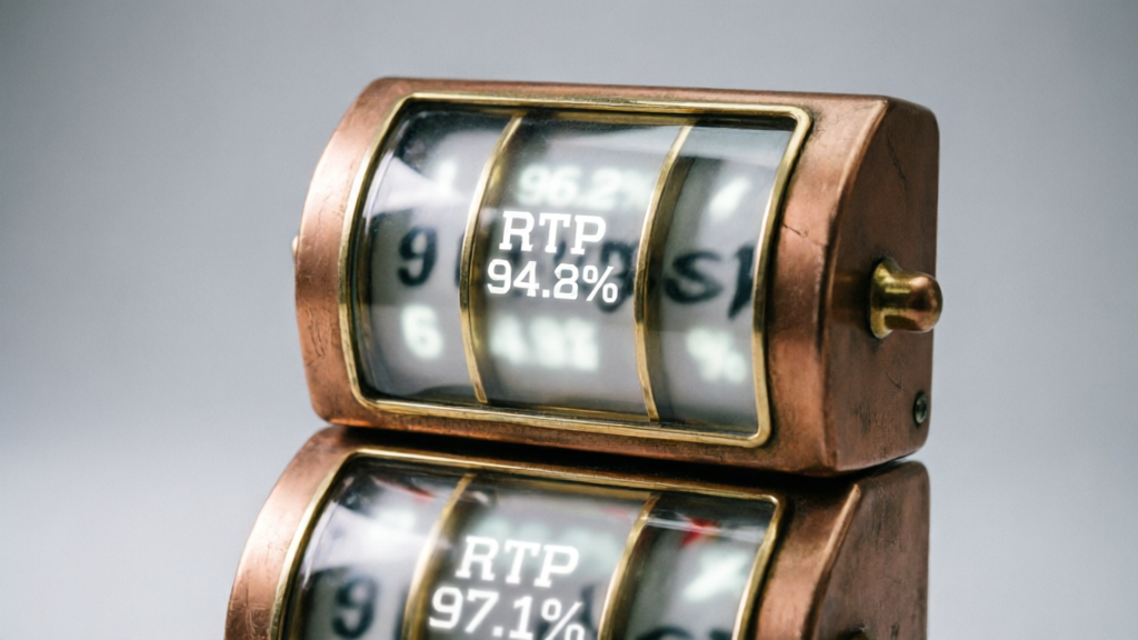 stacked casino reels with glowing RTP percentage overlays