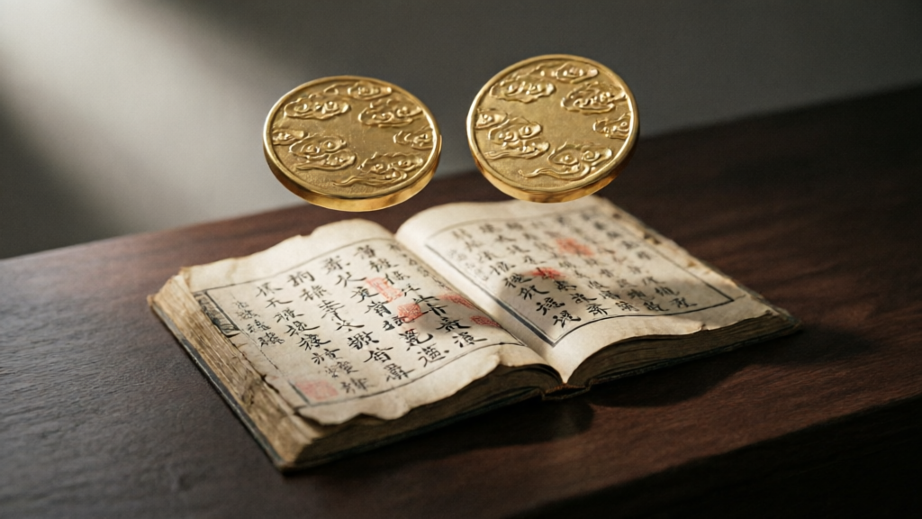 ancient book opening above golden reels on a dark wooden table