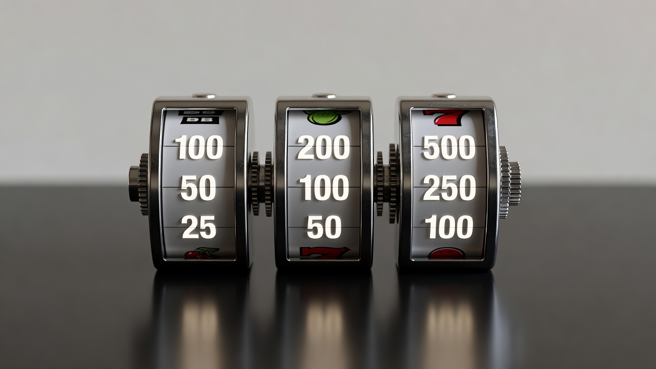Three slot machine reels displayed side by side with payout numbers