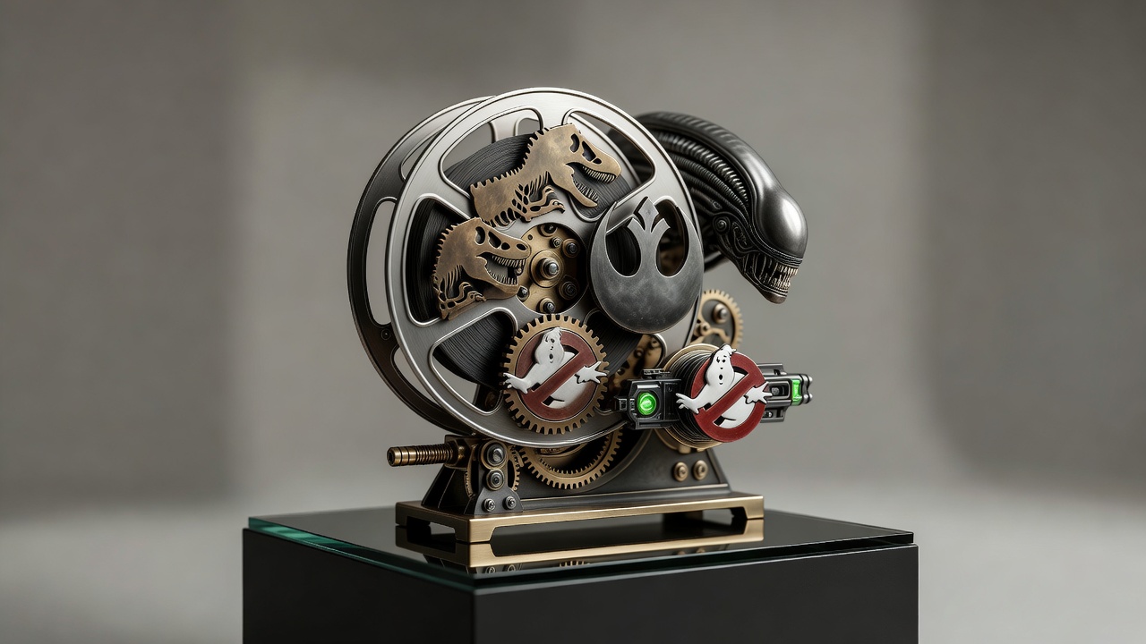 iconic movie franchise symbols integrated into mechanical reel display imagery