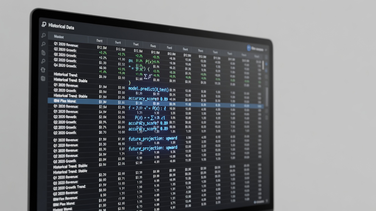 analytical spreadsheet with historical data rows and predictive algorithm notation overlaid