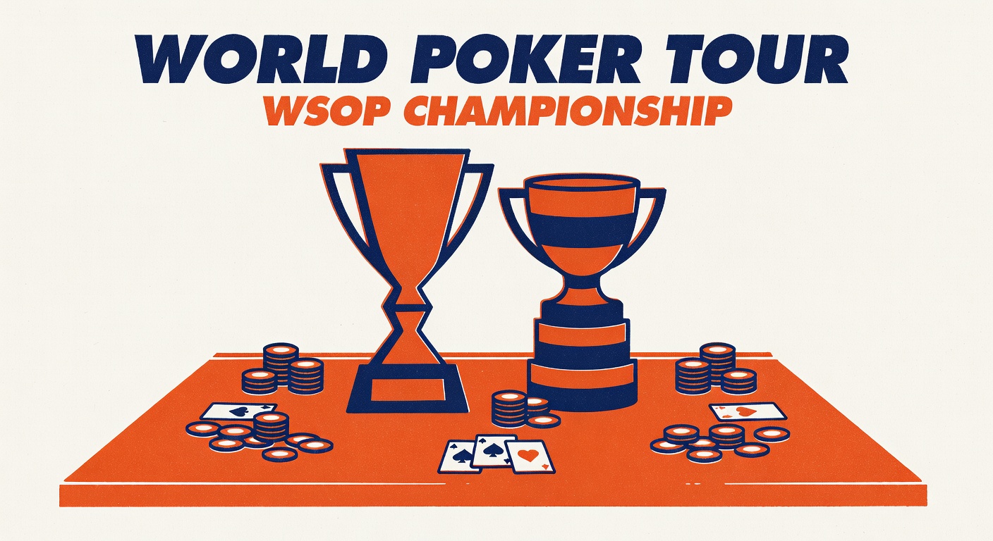 a World Poker Tour and WSOP championship trophy set placed on a felt poker table