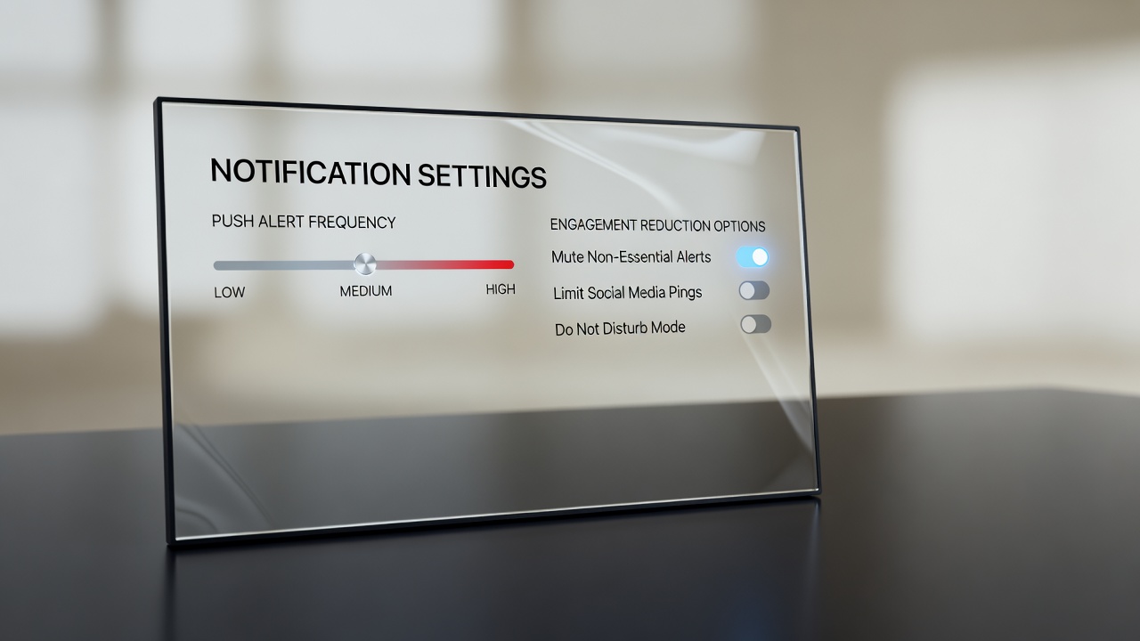 notification settings panel with push alert frequency slider and engagement reduction options