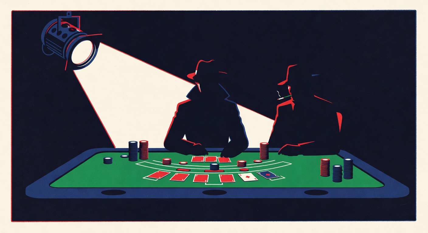 a baccarat table under a film reel spotlight evoking classic spy novel aesthetics
