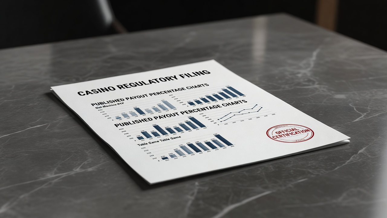 casino regulatory filing document with published payout percentage charts and official certification stamp