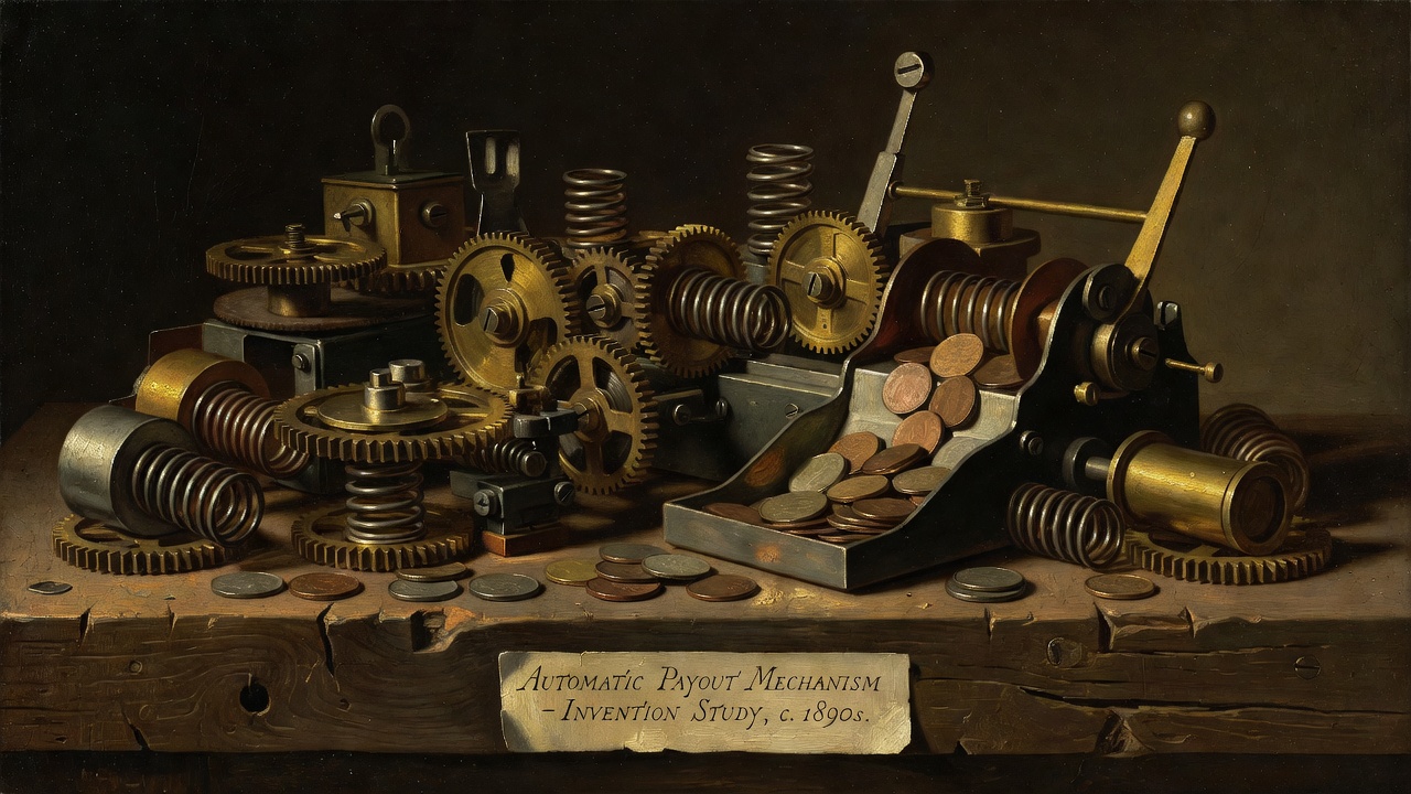 vintage mechanical slot machine component parts arranged to show automatic payout mechanism invention