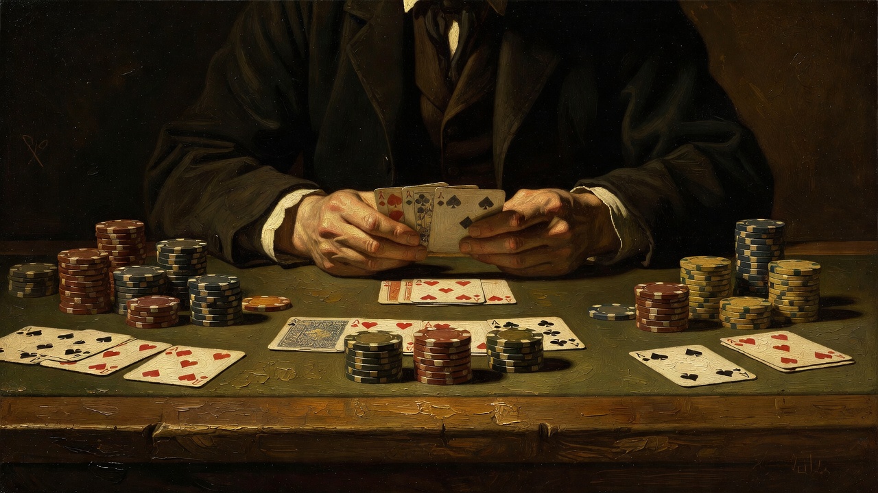 a poker player's hands holding cards above a felt table with chips arranged in winning stacks
