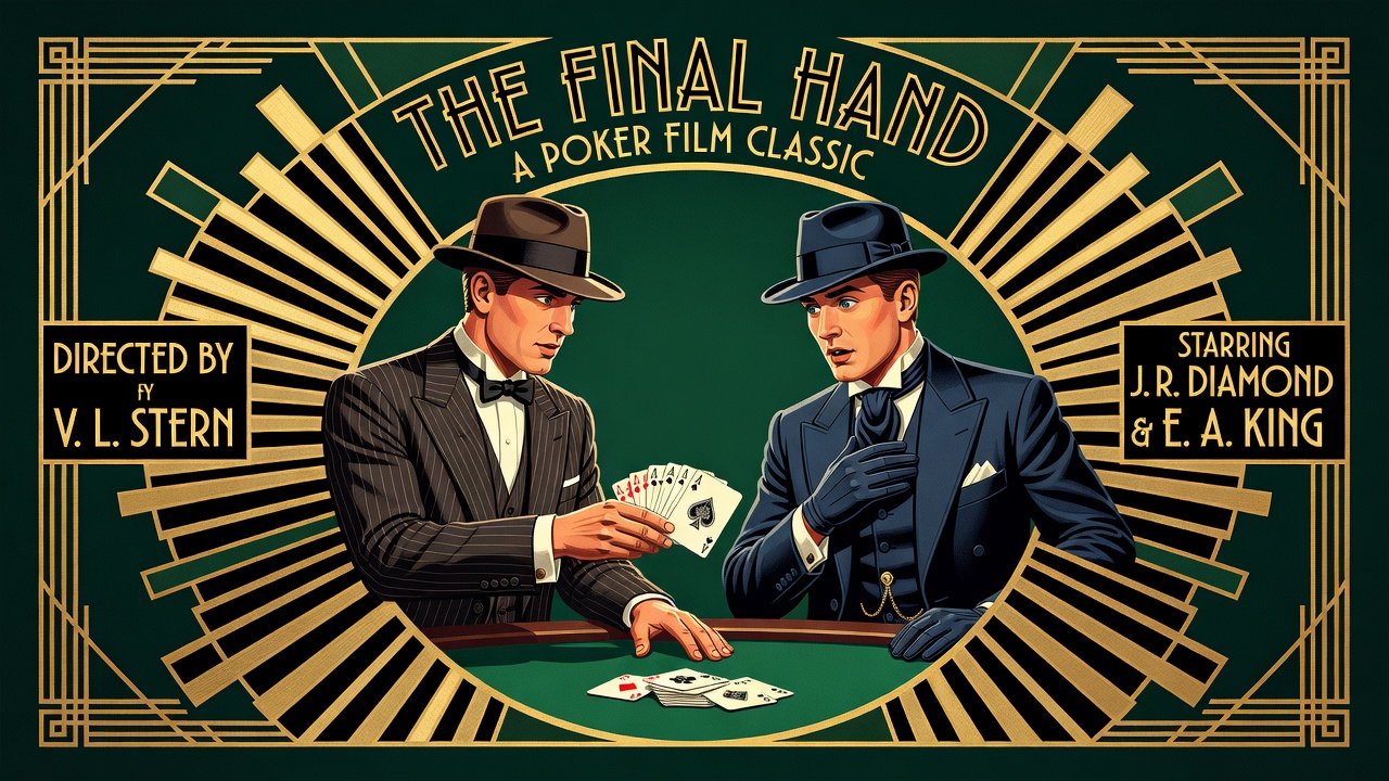 vintage cinema still from classic poker film with period costume and dramatic card reveal
