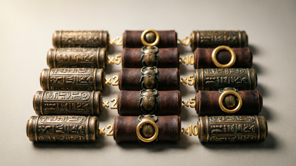 ancient Egyptian reels on a 5x3 grid with gold multiplier symbols