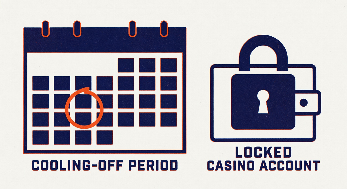a calendar marked with a cooling-off period beside a padlocked casino account icon