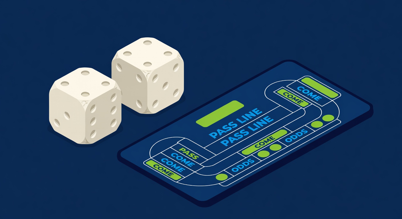 ancient dice carved from bone beside a modern craps layout showing the pass line