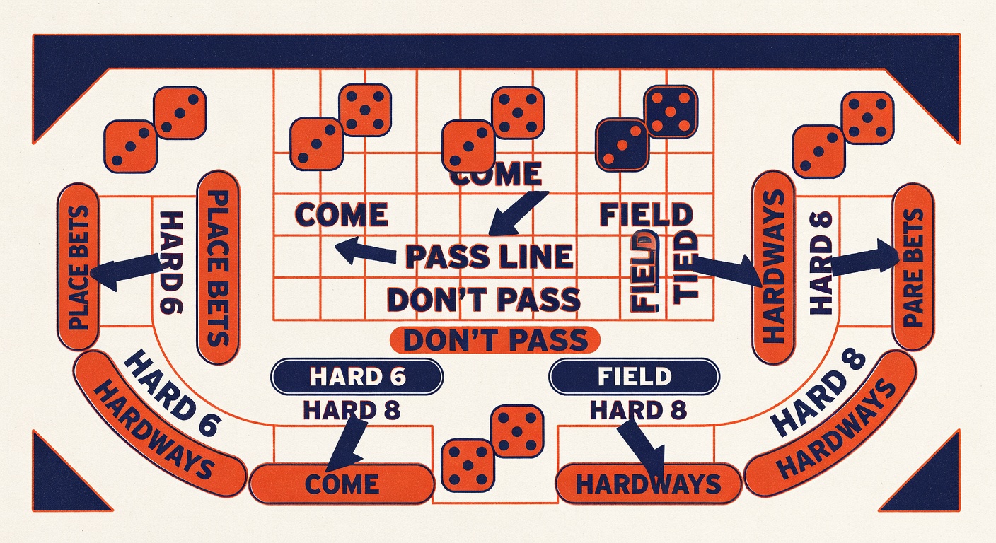 a craps table layout with hardway bet markers and dice showing matching doubles