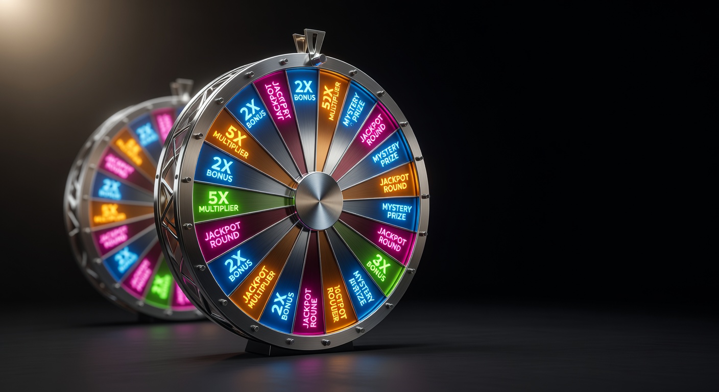 a giant spinning game show wheel with bonus round multiplier panels glowing in color