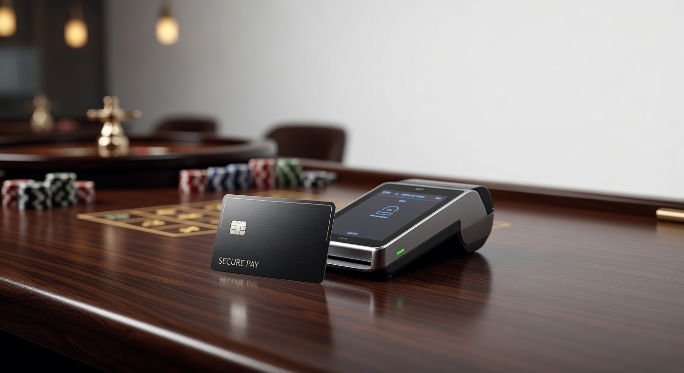 a credit card beside a secure digital payment terminal on a casino desk