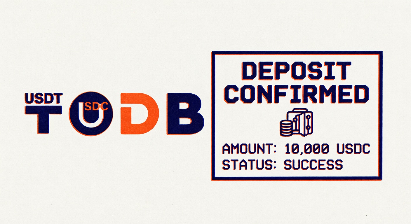 a row of stablecoin logos arranged beside a crypto casino deposit confirmation screen