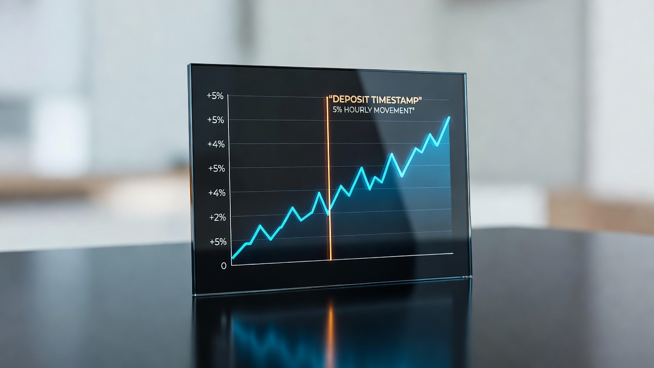 cryptocurrency price graph with deposit timestamp marked showing five percent hourly movement