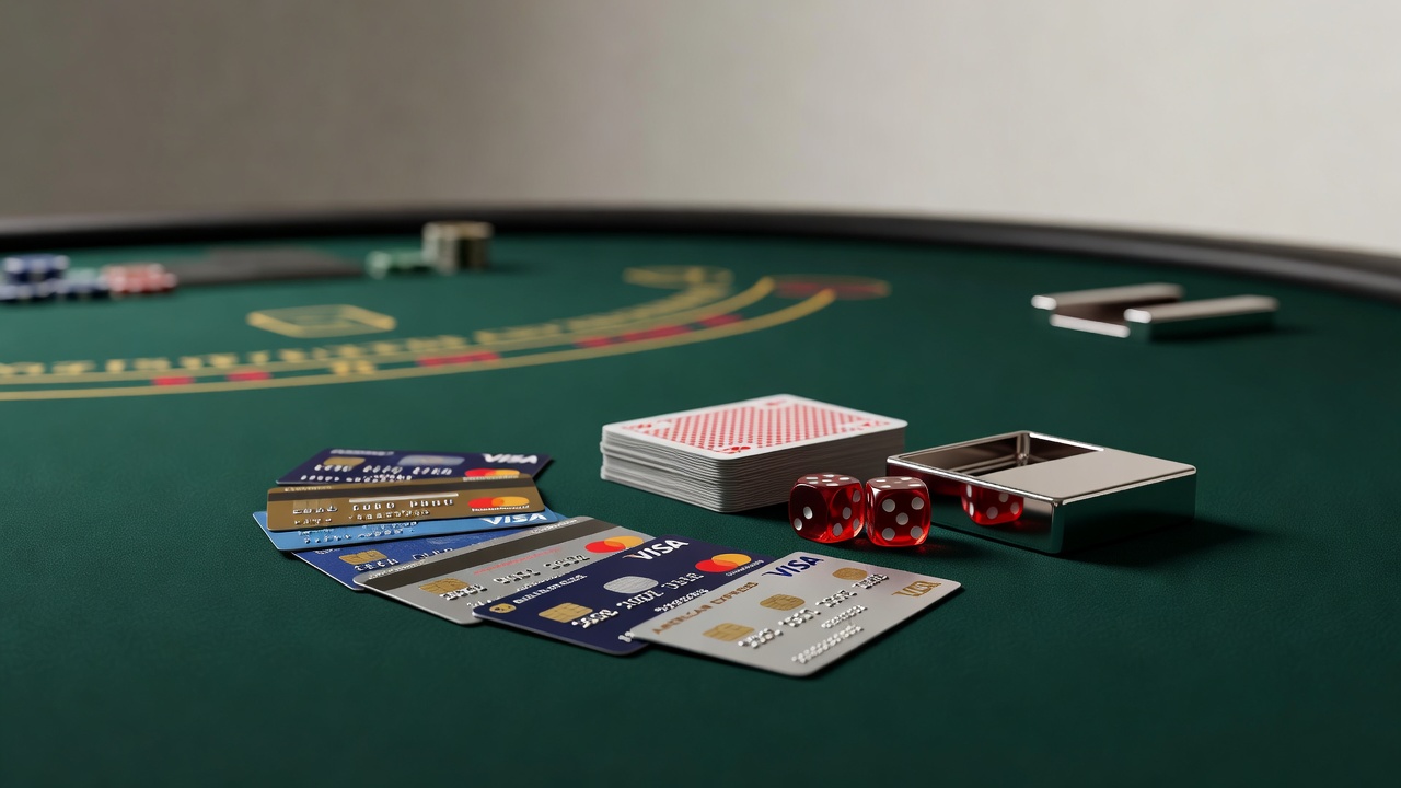 a casino table with payment method cards spread beside card game equipment