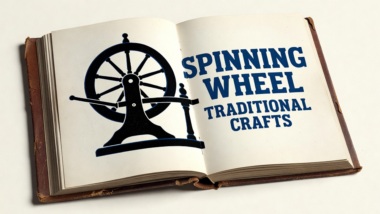 aged leather-bound book open with illustration of spinning wheel and period typography