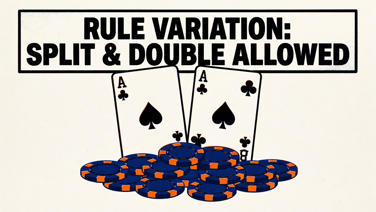 a blackjack split hand with doubled chips after split under a rule variation sign