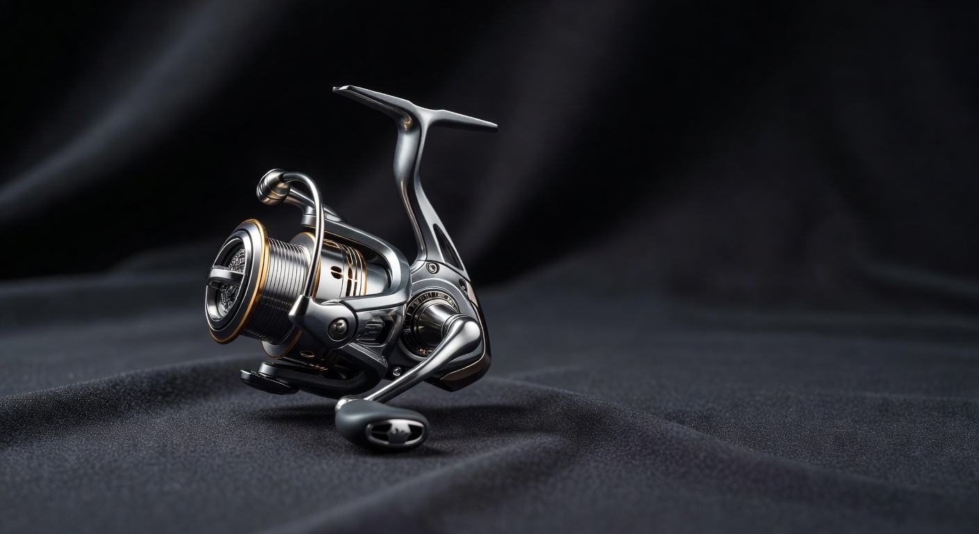 Spinning spinning reel catching light against dark fabric backdrop