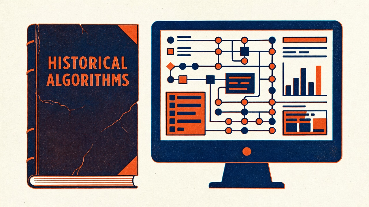 historical book cover displayed alongside modern computer screen with algorithm visualization