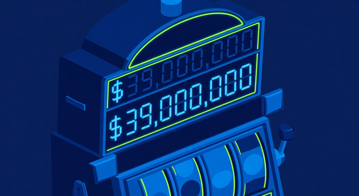 a massive slot machine jackpot display showing thirty-nine million dollars in lights