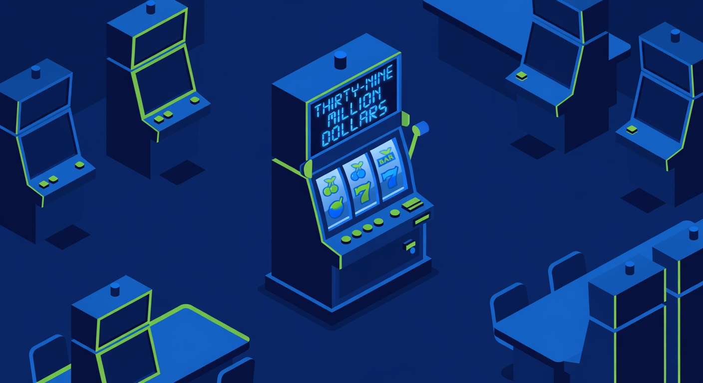 a slot machine jackpot counter frozen at thirty-nine million dollars inside a casino