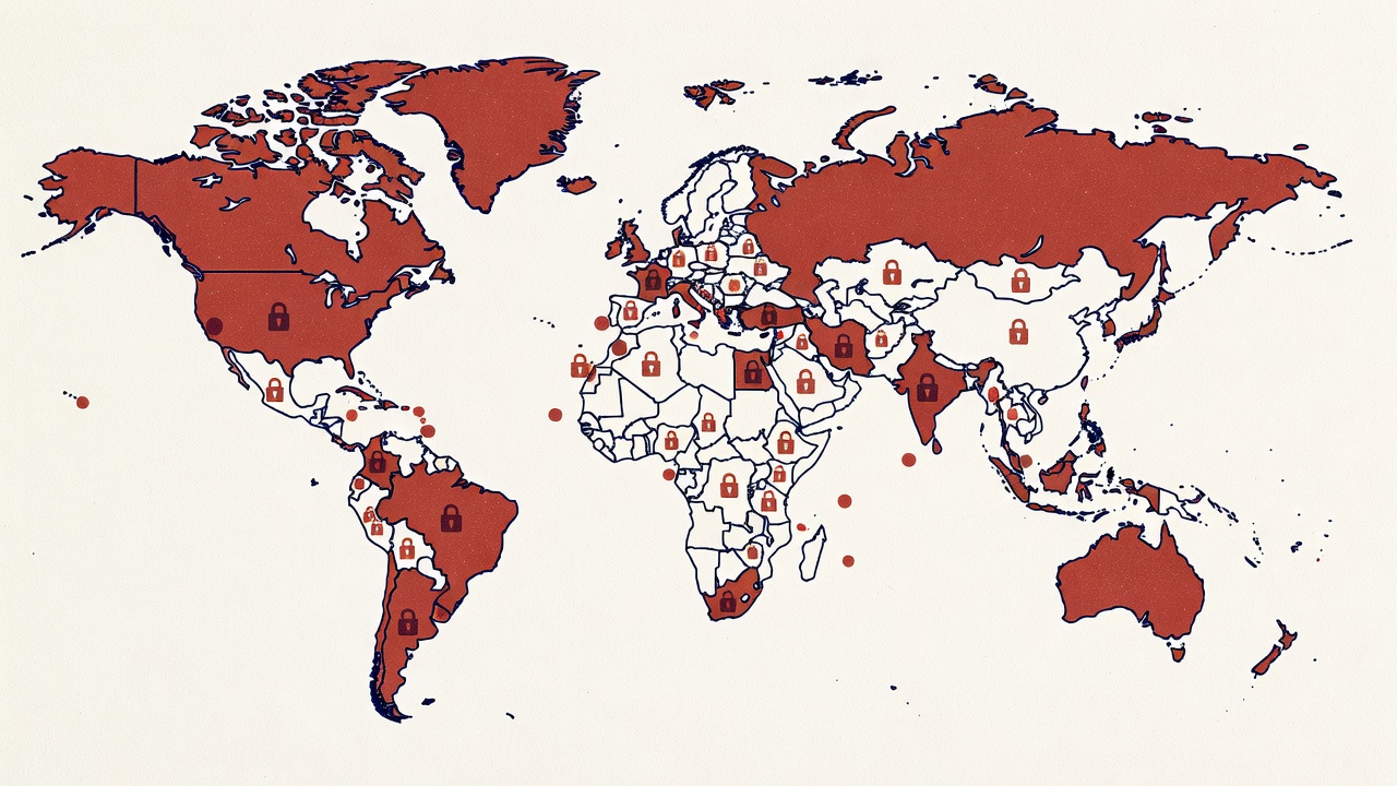 world map with jurisdiction boundaries highlighted and server location markers with lock icons