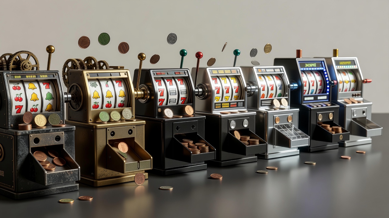 mechanical coins feeding into spinning reels across decades of technological evolution