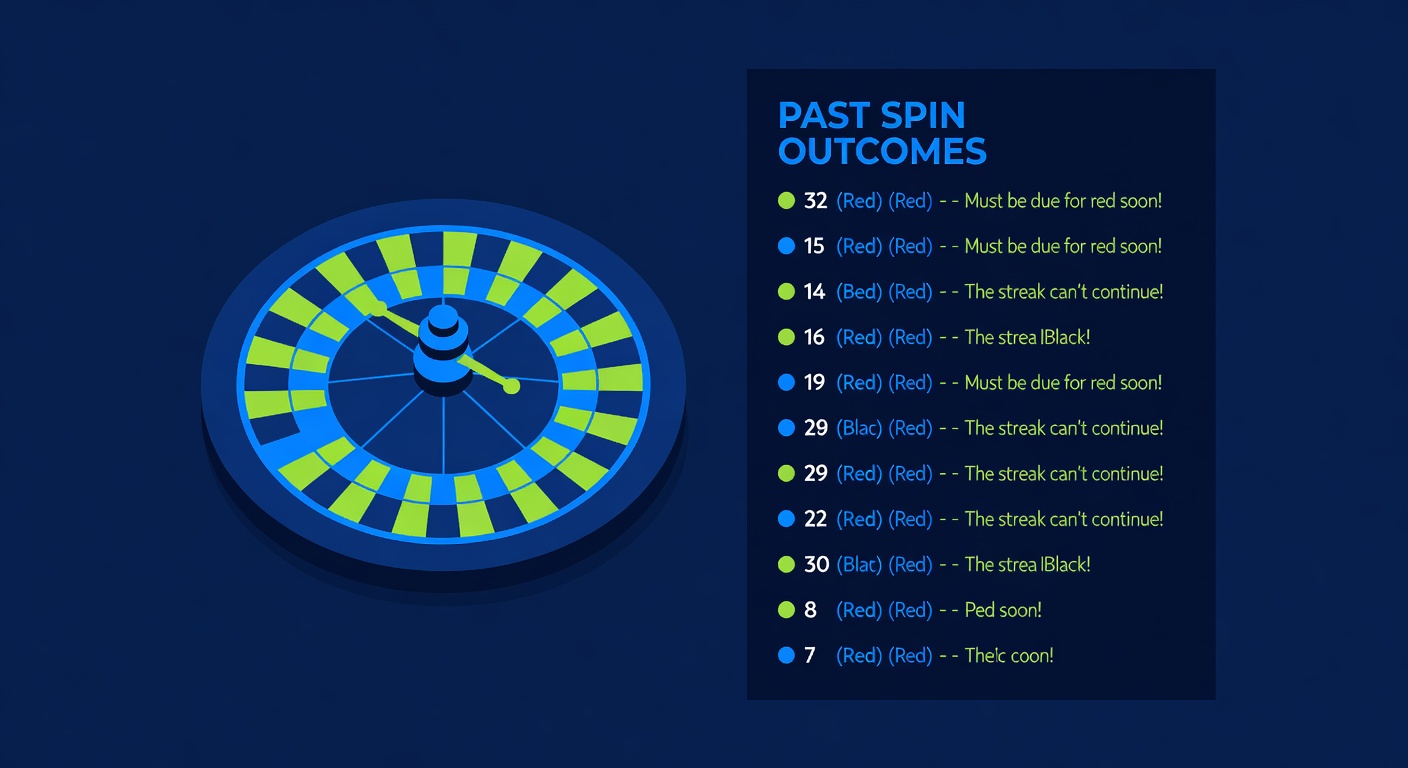 a roulette wheel beside a list of past spin outcomes illustrating the gambler fallacy error
