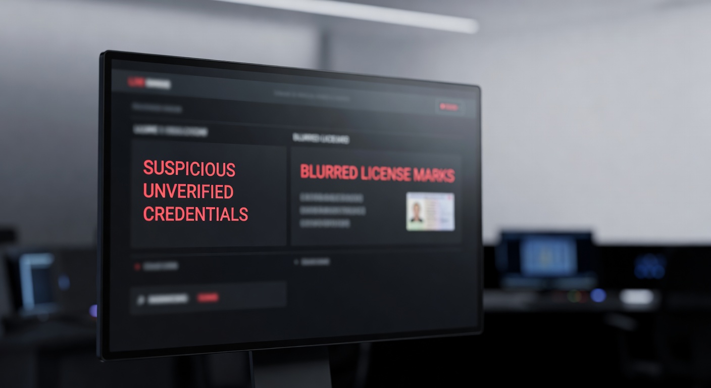 a live dealer platform screen showing suspicious unverified credentials and blurred license marks