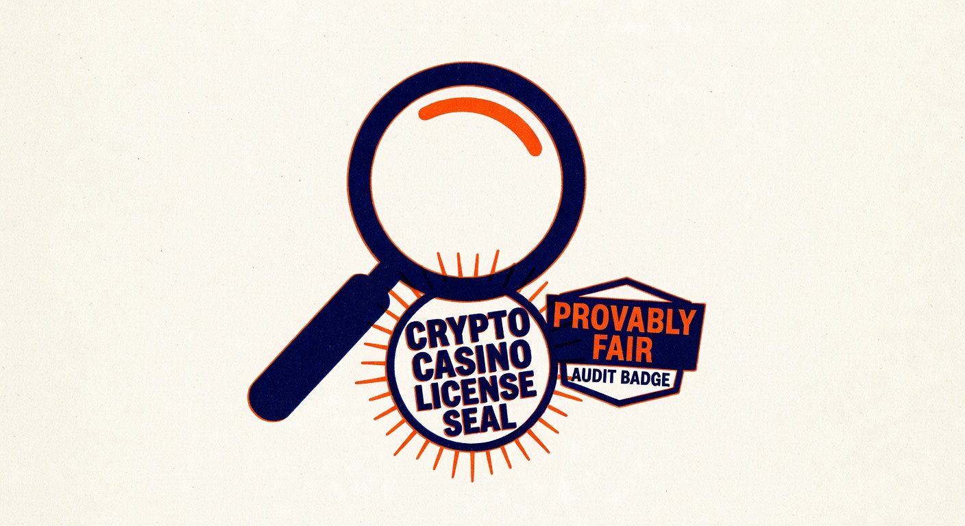 a magnifying glass examining a crypto casino license seal and provably fair audit badge
