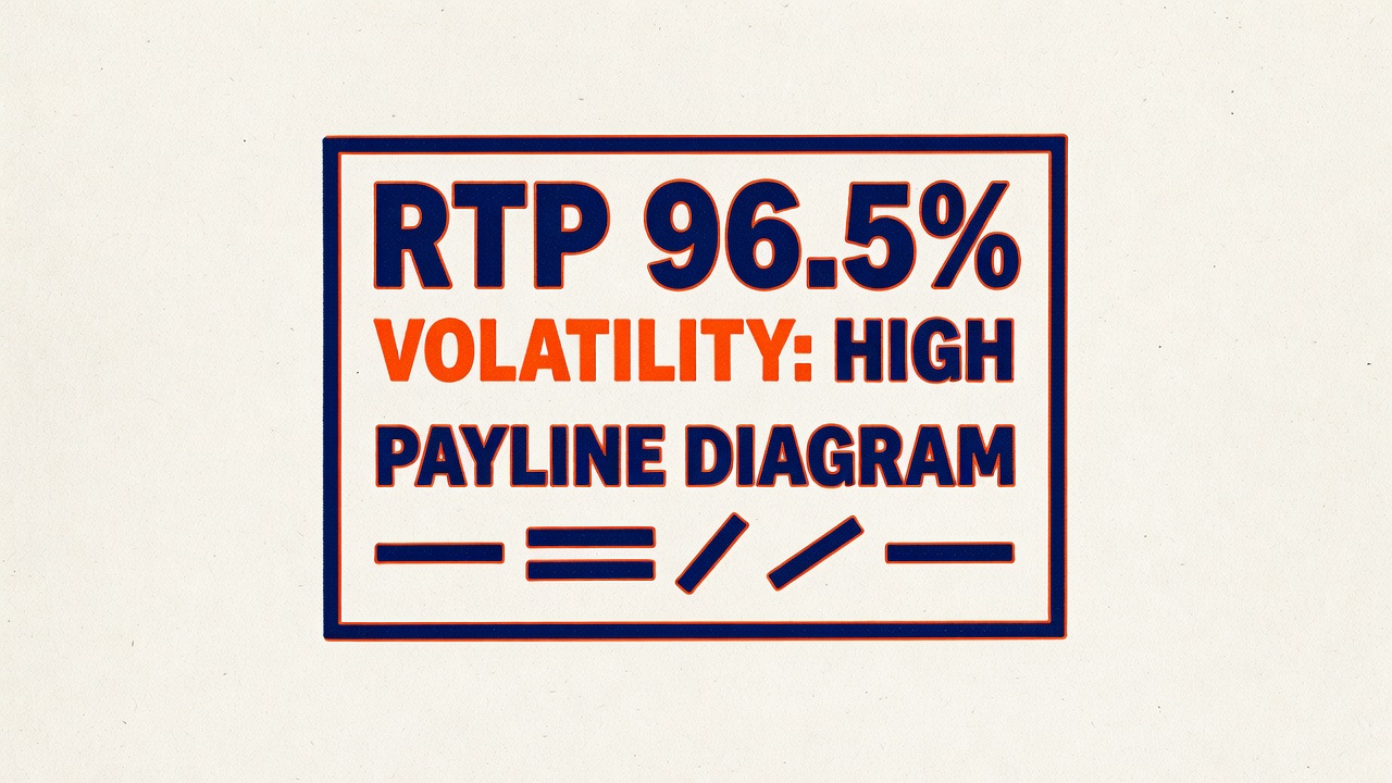 a slot info screen showing RTP percentage volatility rating and payline diagram clearly