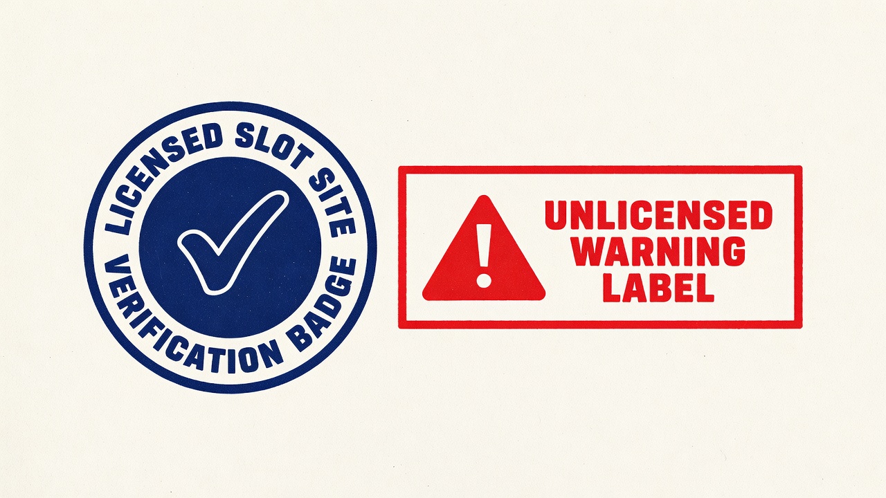 a licensed slot site verification badge beside an unlicensed warning label in red