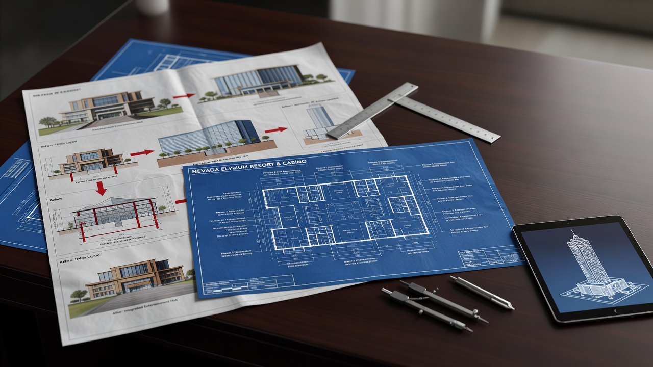 casino property development blueprints and architectural transformation diagrams spread across workspace