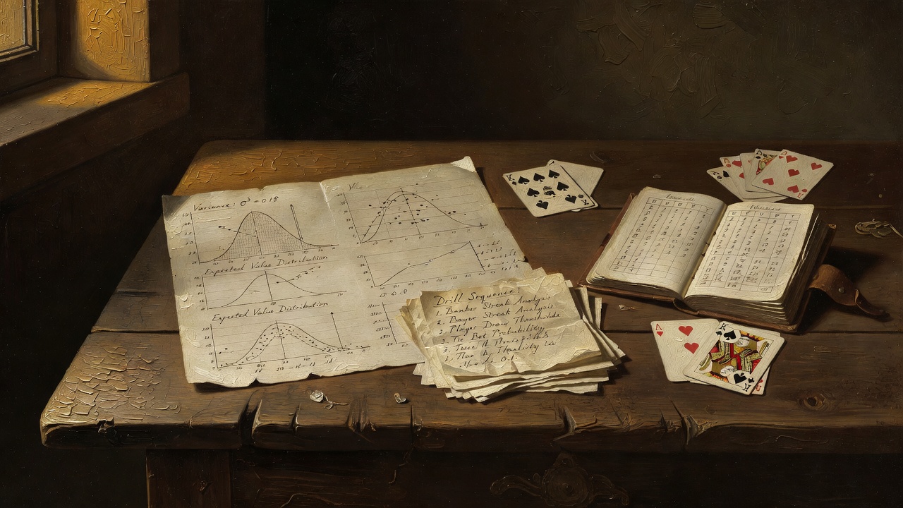 baccarat learning materials arranged on surface with variance distribution chart and drill sequence notes