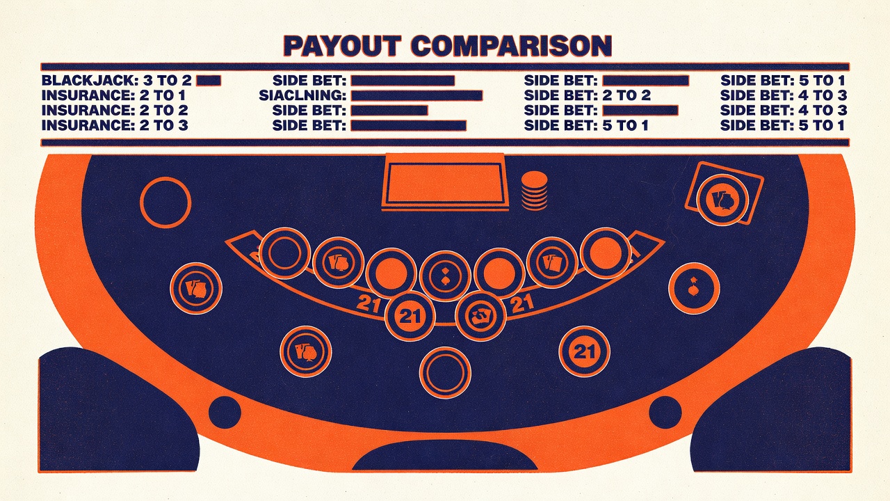 a live blackjack table with side-bet circles and a payout comparison chart displayed above