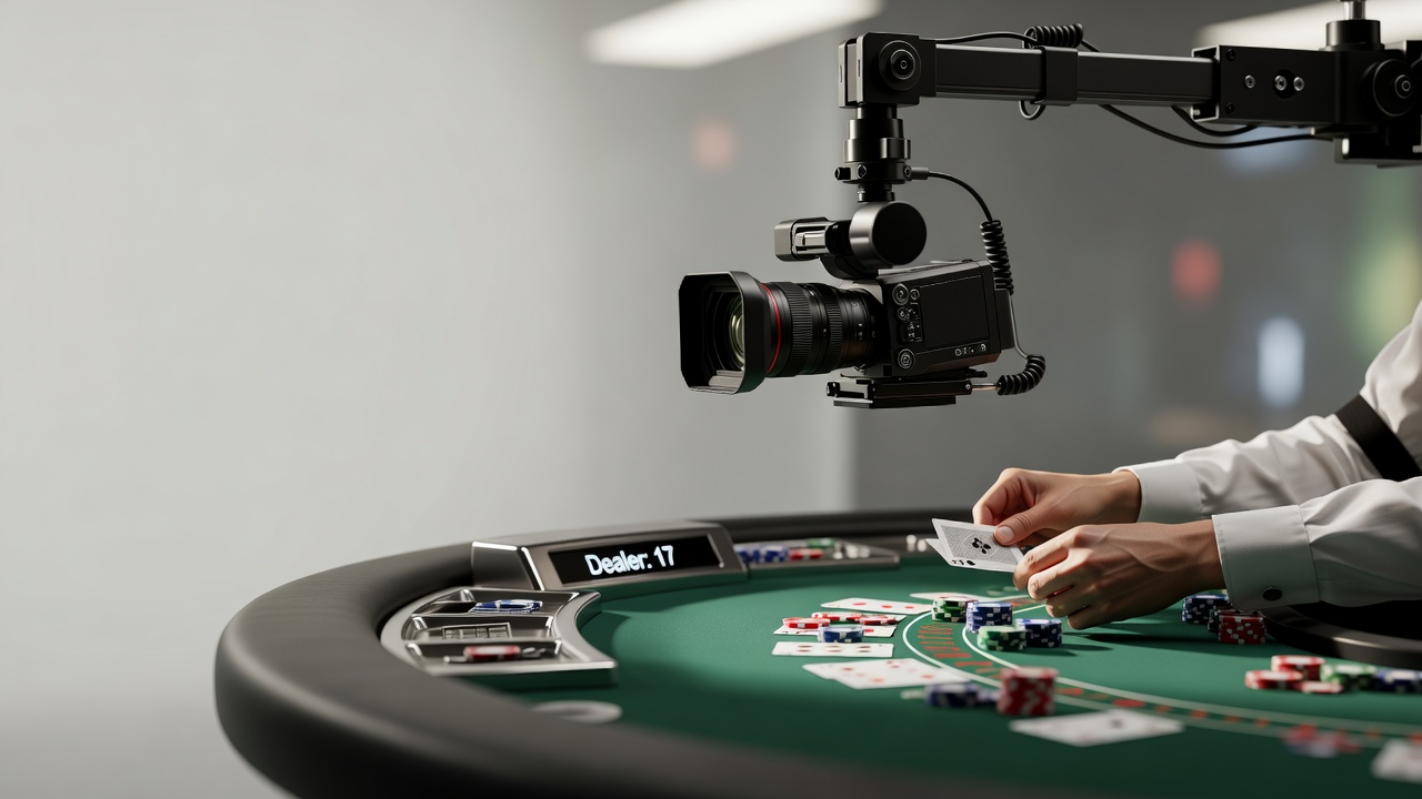 broadcast camera rigging above a dealer station capturing cards and table activity simultaneously