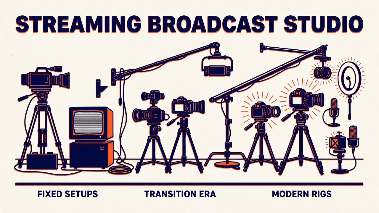 streaming broadcast studio showing camera rigging evolution from fixed setups to modern rigs