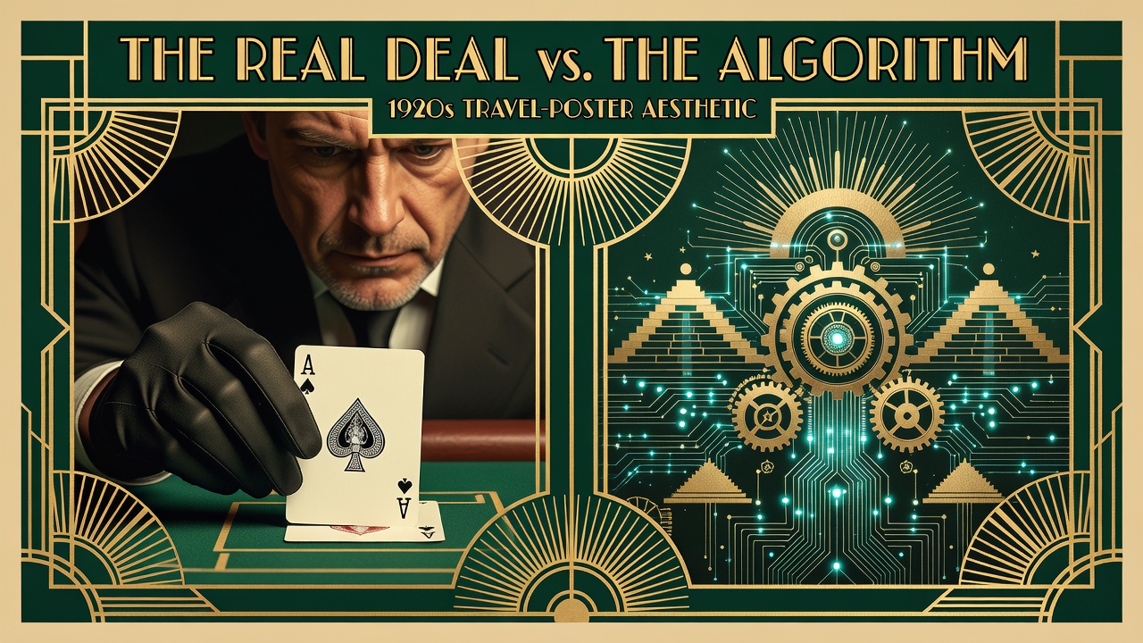 real dealer's face and physical card placement close-up contrasted with digital RNG algorithm visualization