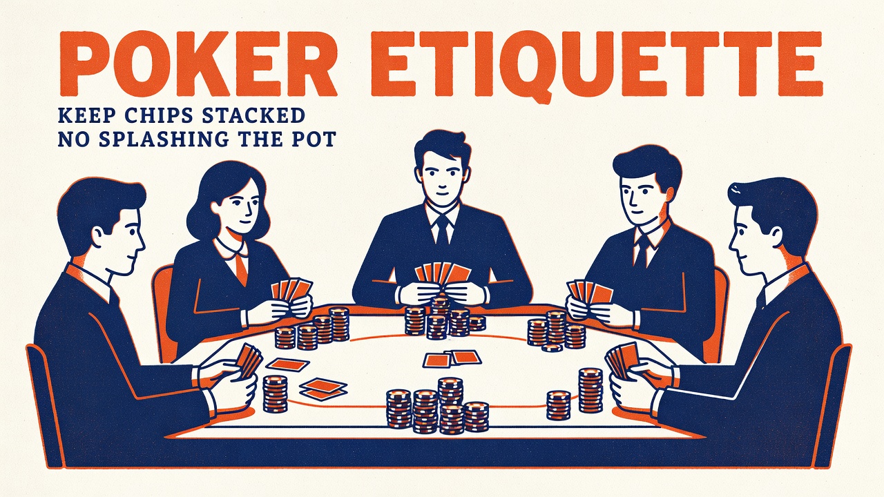 a poker table arranged with players following etiquette rules and stacked chips