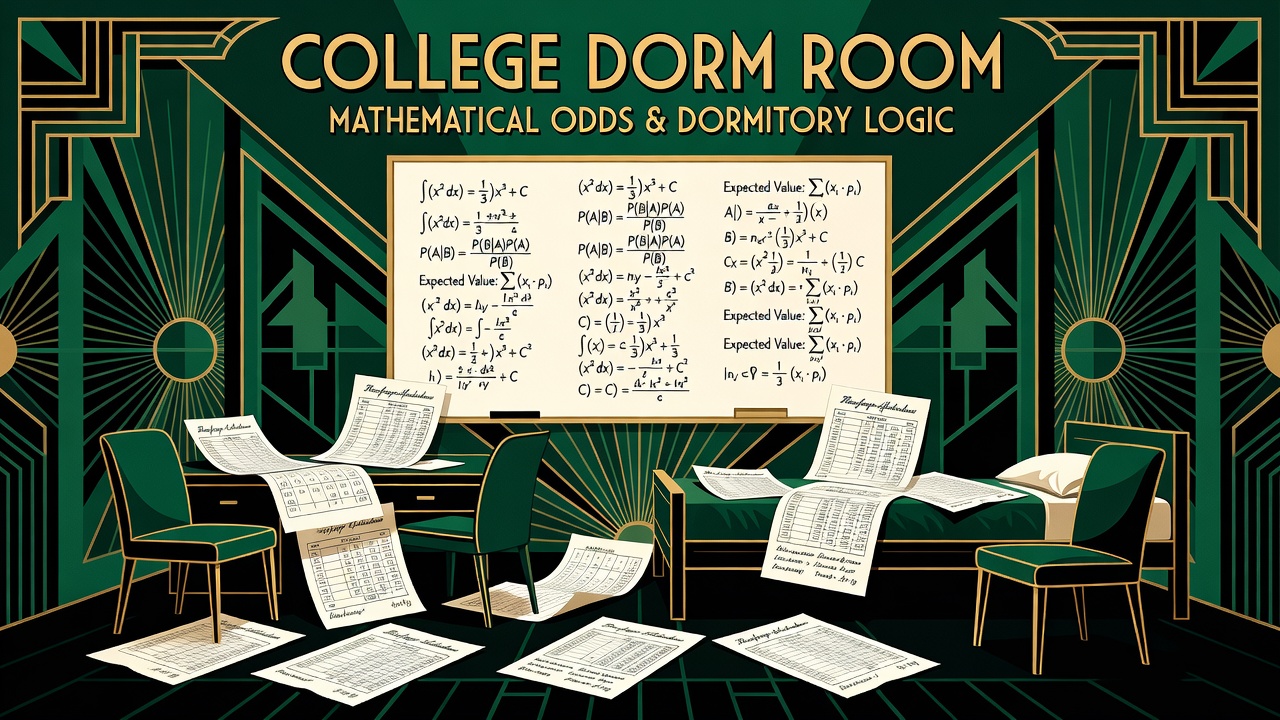college dorm room with mathematical equations on whiteboard and scattered betting calculation sheets