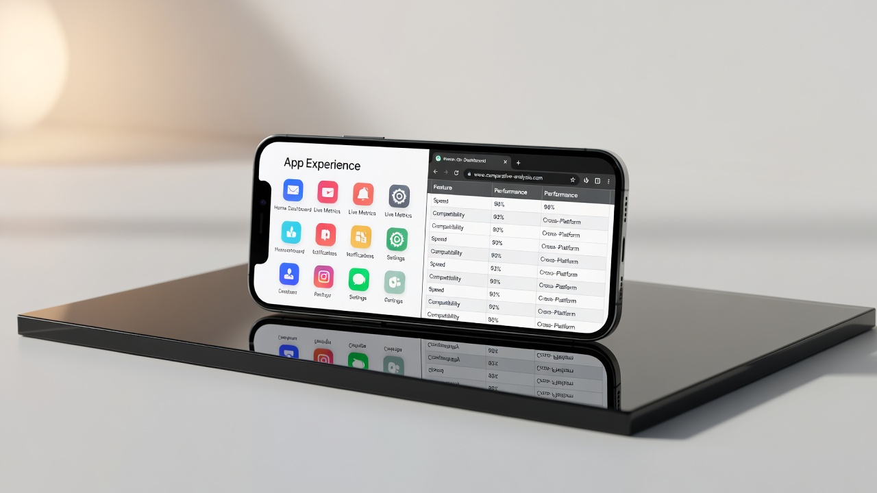 smartphone split-screen comparing mobile app interface on left with browser window on right