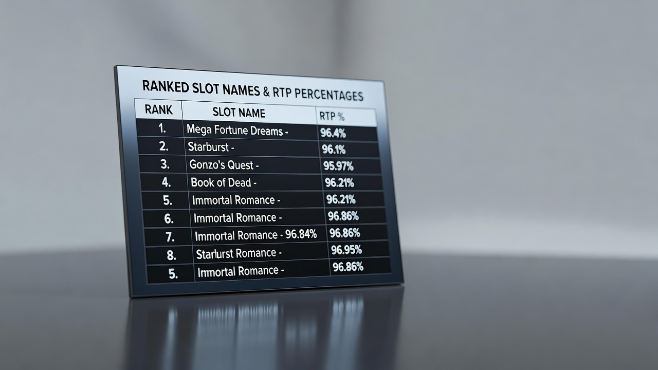 screen displaying ranked slot names with RTP percentage columns